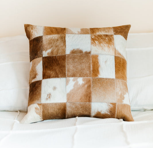 Tan & White Cowhide Patchwork Pillow