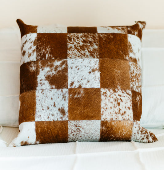 Brown & White Cowhide Patchwork Pillow